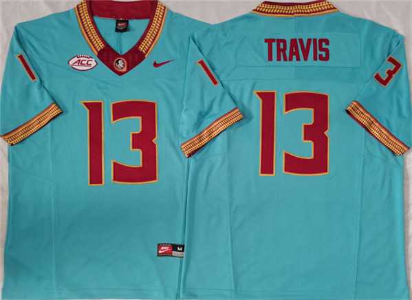 Mens Florida State Seminoles #13 Jordan Travis Teal 2023 F.U.S.E Stitched Jersey